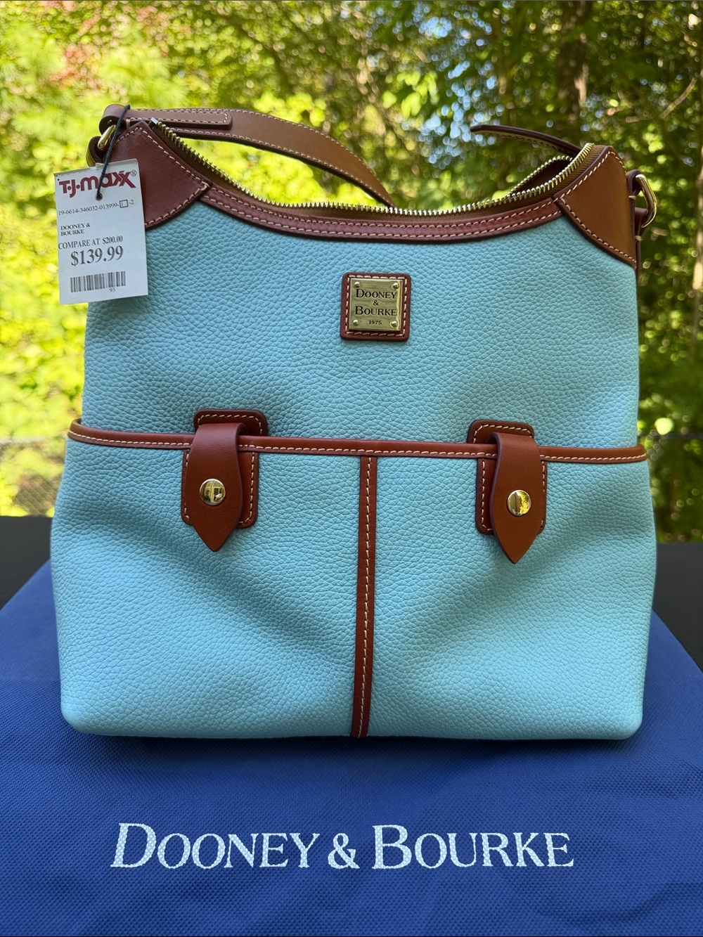 Dooney & Bourke Light Blue Shoulder Bag with Brown Trim